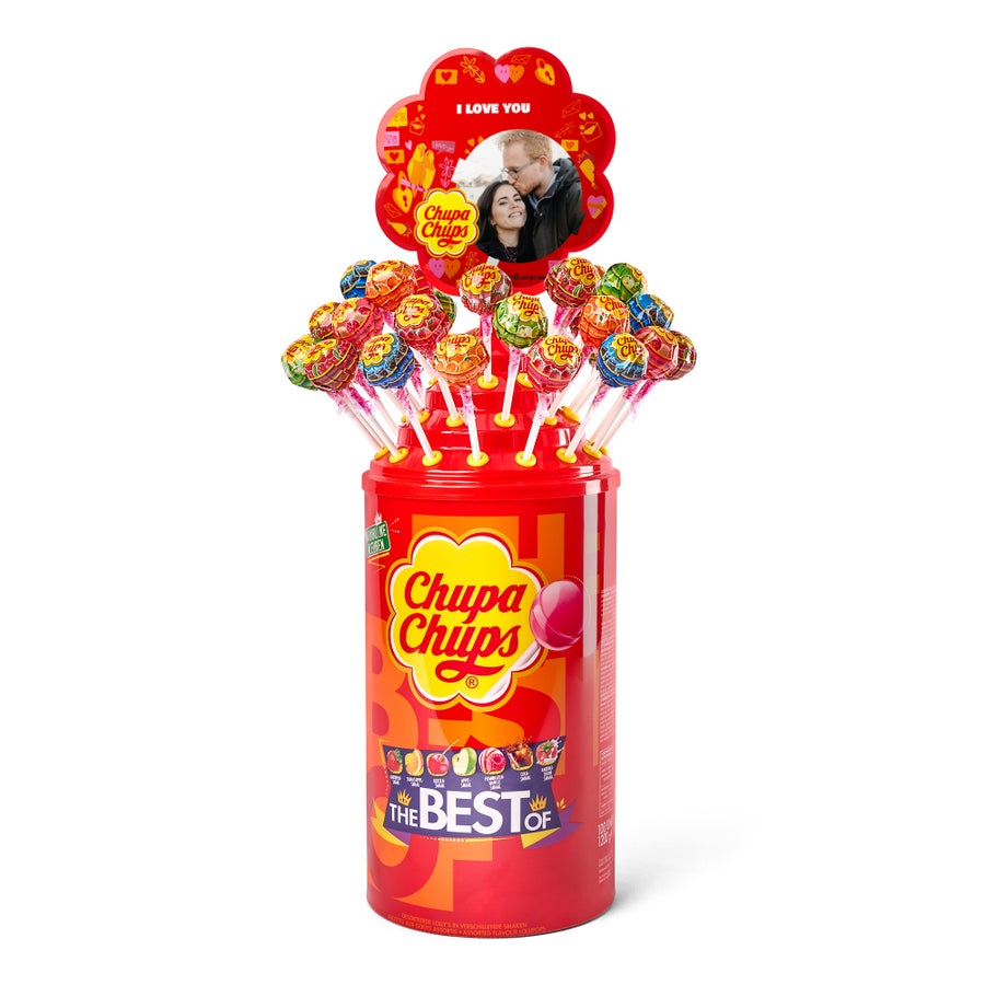 Chupa Chups lollipop tower with a photo printed on a heart-shaped card and "I LOVE YOU" text.