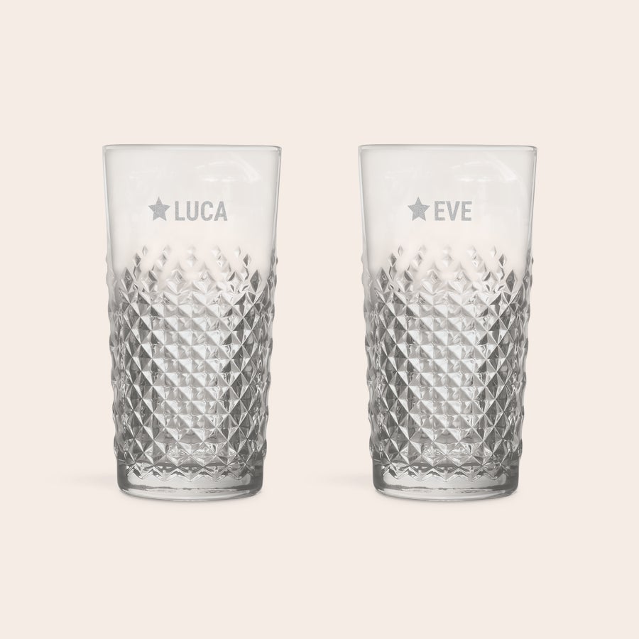 Engraved cocktail glass - Mojito Pair of personalized engraved mojito glasses, one with "Luca" and a star, the other with "Eve" and a star.