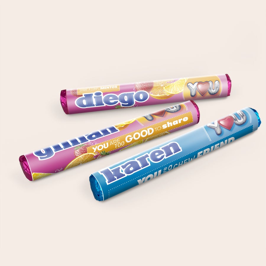 Personalised Mentos Packets Gift Box Three personalized Mentos rolls printed with names like Diego and Karen, making a sweet personalized gift.