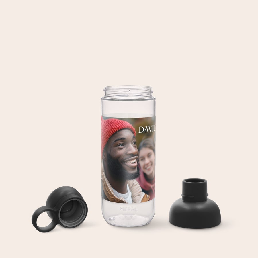 Clear Mepal water bottle with a printed photo of two smiling people and the name DAVID, featuring two black lids