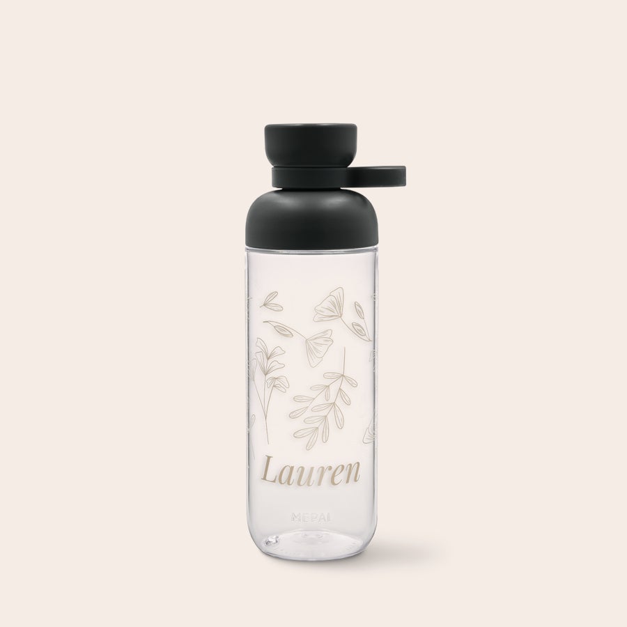 Mepal Vita Bottles Clear Mepal water bottle with a black lid and printed floral design, personalized with the name Lauren. Make every sip special.