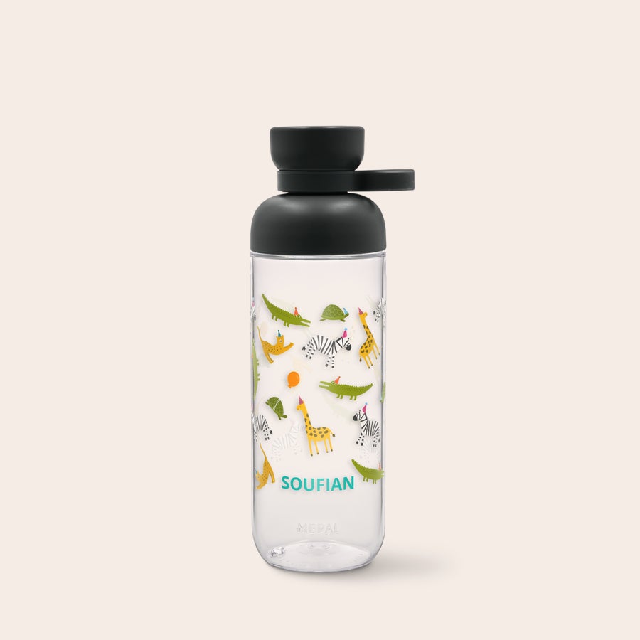 Mepal Vita Bottles A personalized Mepal water bottle with an animal pattern and the printed name SOUFIAN.