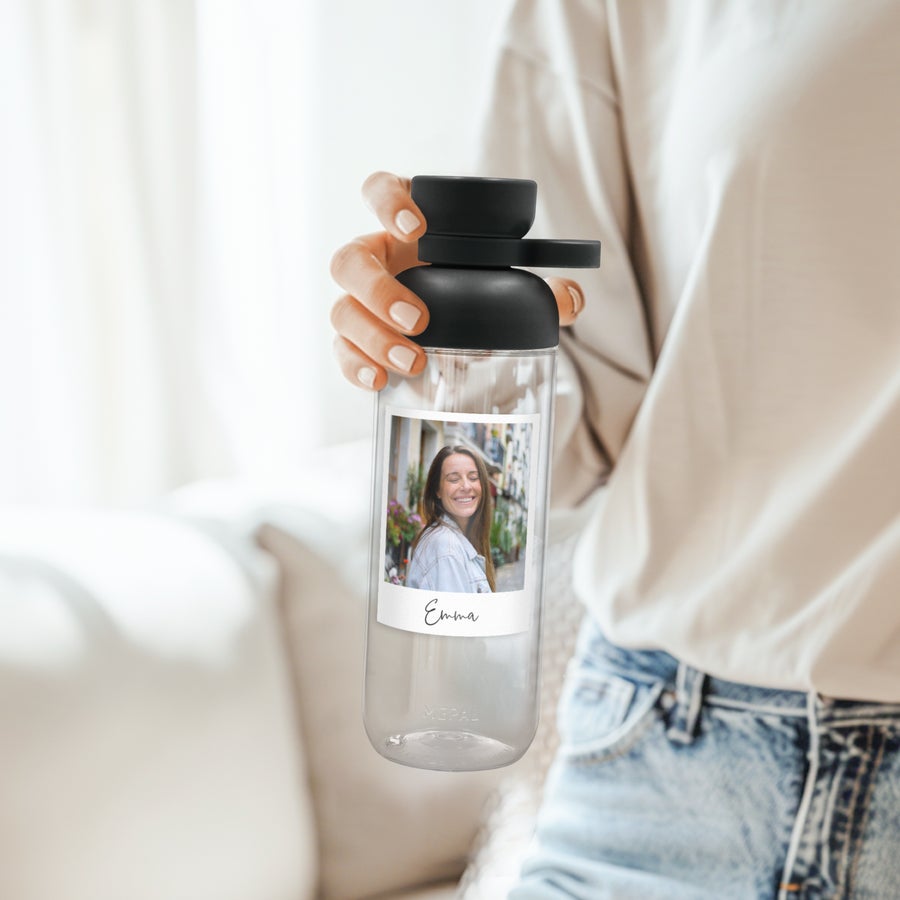 Mepal Vita Bottles Clear Mepal water bottle with a photo of a smiling woman and the name Emma printed on it.