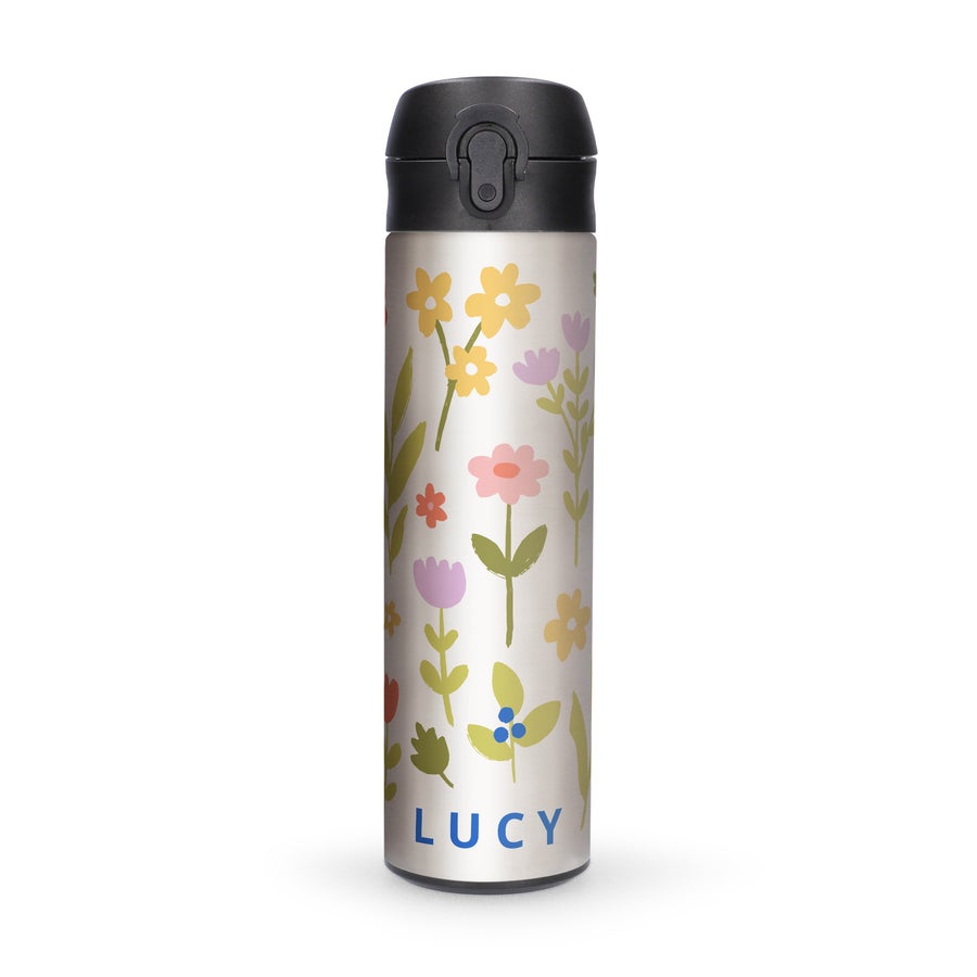 Personalised Metal Water Bottles Stainless steel metal water bottle printed with a colorful floral pattern and personalized with the name Lucy