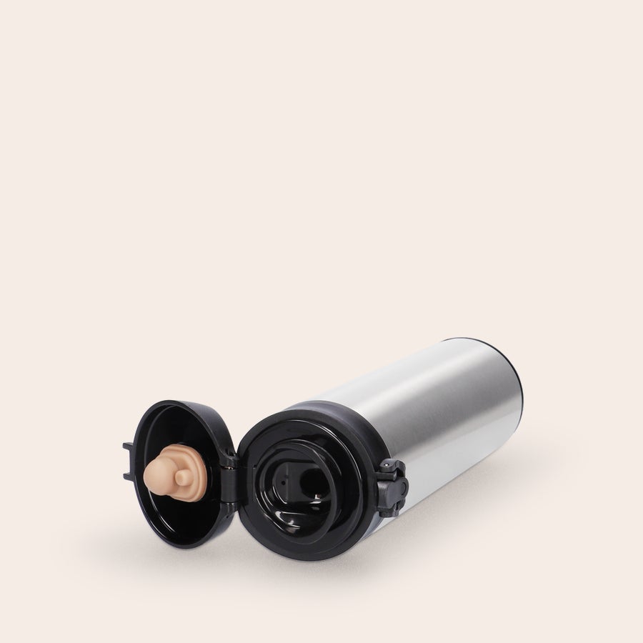 Personalised Metal Water Bottles Silver metal water bottle with open black lid and beige pop-top, ready for a personalized name and photo.