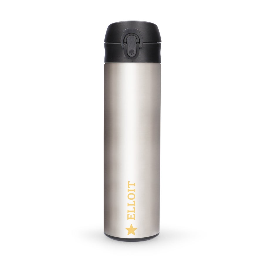 Metal water bottle with a black pop-top lid, personalized with the name ELLIOT and a star in orange text