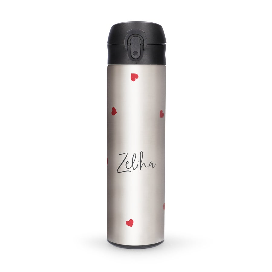 Personalised Metal Water Bottles Personalized silver metal water bottle printed with the name Zeliha and red hearts, stay stylish while on the go
