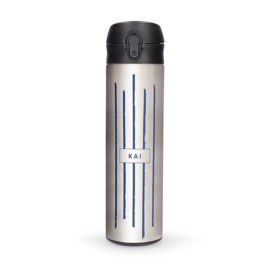 Personalised Metal Water Bottles Metal water bottle with a name printed on a white label over blue brushstrokes, keeping you stylish while on the go.