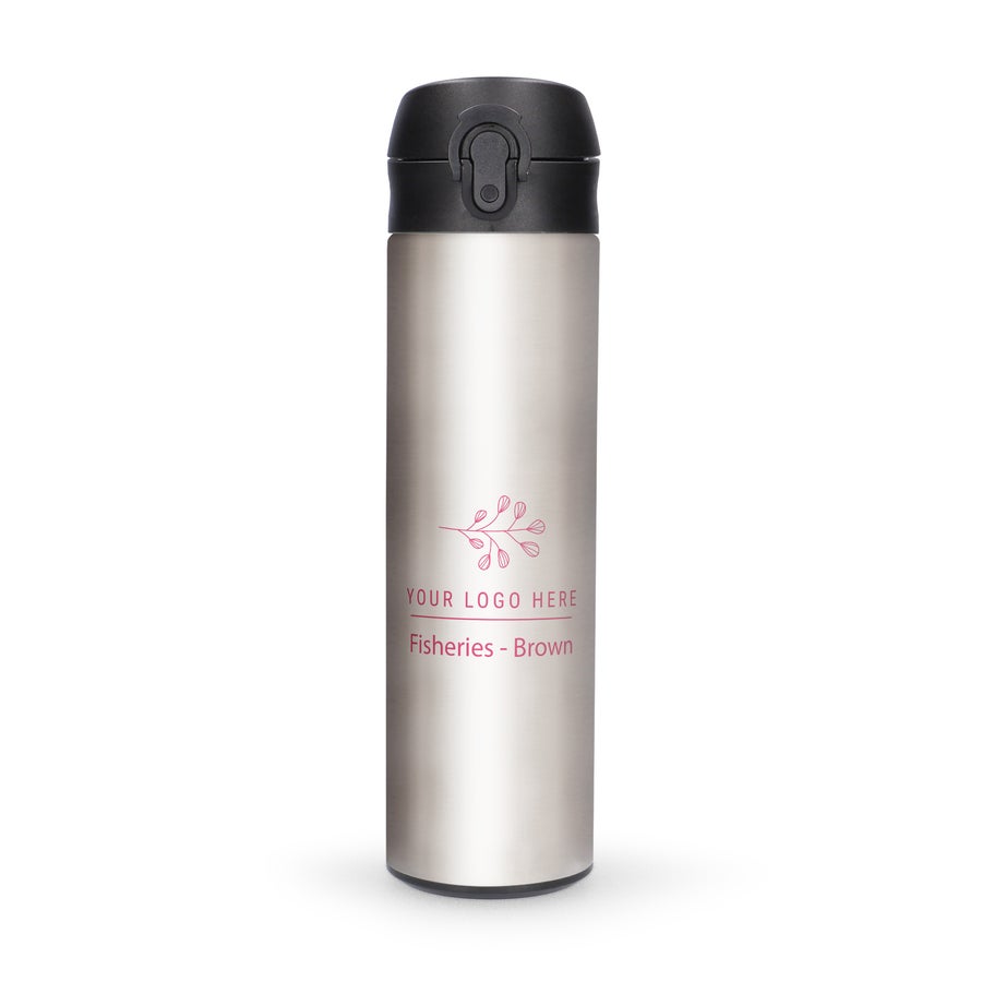 Personalised Metal Water Bottles Brushed metal water bottle with a personalized logo template. It features a black push-button top, making it convenient for travel.