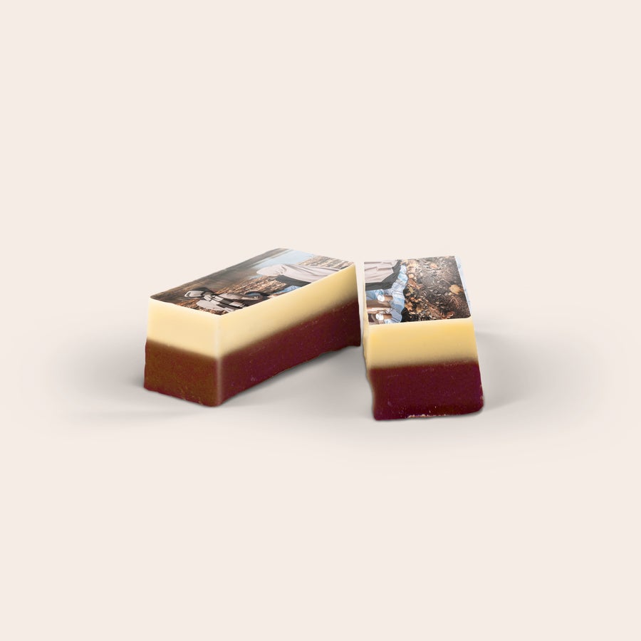 Two delicious chocolate favours with custom photo or logo printed on white and milk chocolate