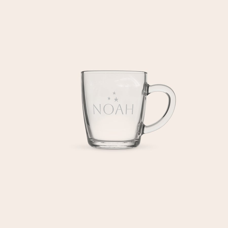 Engraved Glass Mugs Personalised glass mug - Engraved with name NOAH and two stars