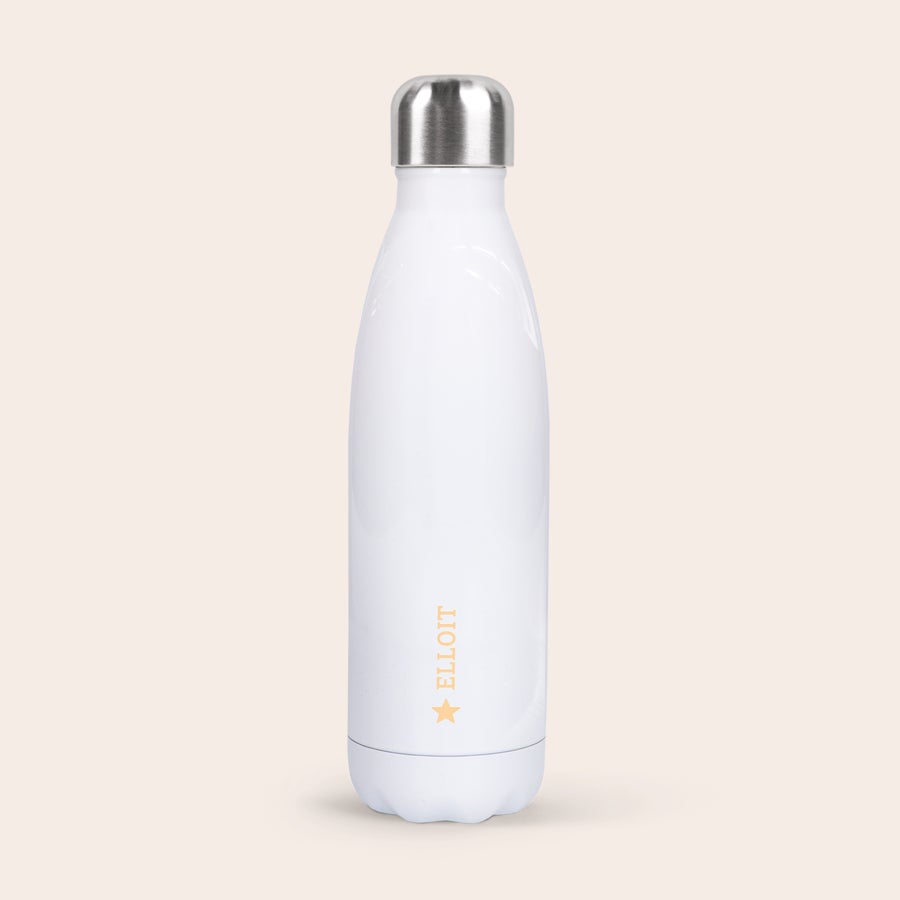 Personalised insulated water bottle White insulated water bottle printed with the name Elliott and a star symbol. This personalized water bottle can feature a name and photo.