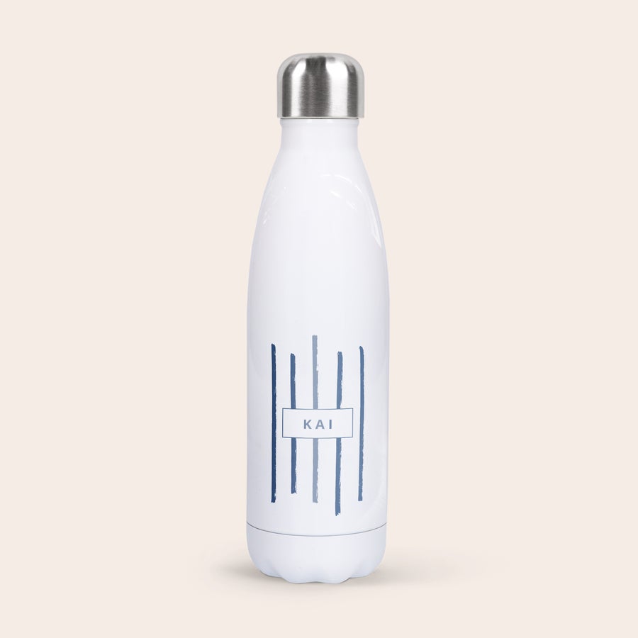Personalised insulated water bottle with a printed blue brushstroke design and name Kai