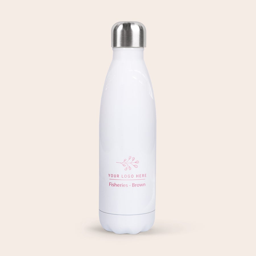 Personalised insulated water bottle White personalised insulated water bottle with a silver lid, printed with a name and logo