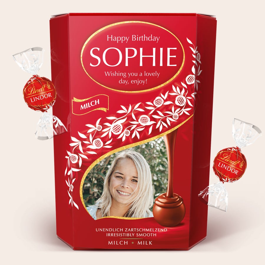 Red Lindt Chocolate Gift Box printed with Happy Birthday Sophie a photo and a personal message