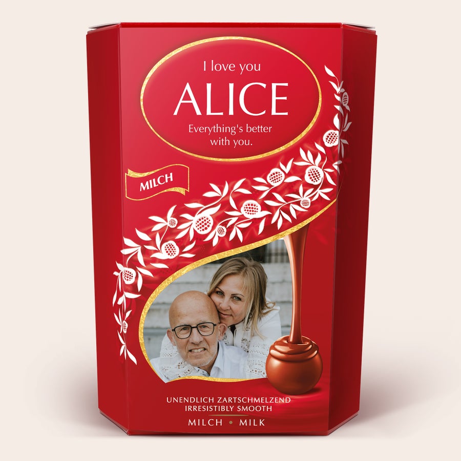 Red Lindt Chocolate Gift Box personalized with a photo of a couple and a message to Alice