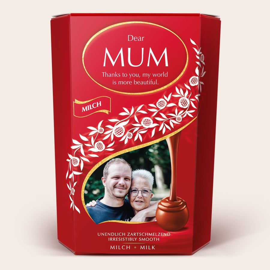 Red Lindt Chocolate Gift Box printed with a photo of a man and woman and the personalized message Dear MUM.