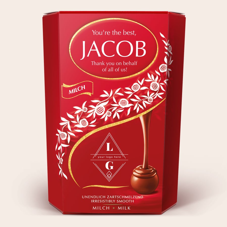 Personalized Lindt chocolate gift box for chocoholics with "Jacob" and custom message printed on red packaging
