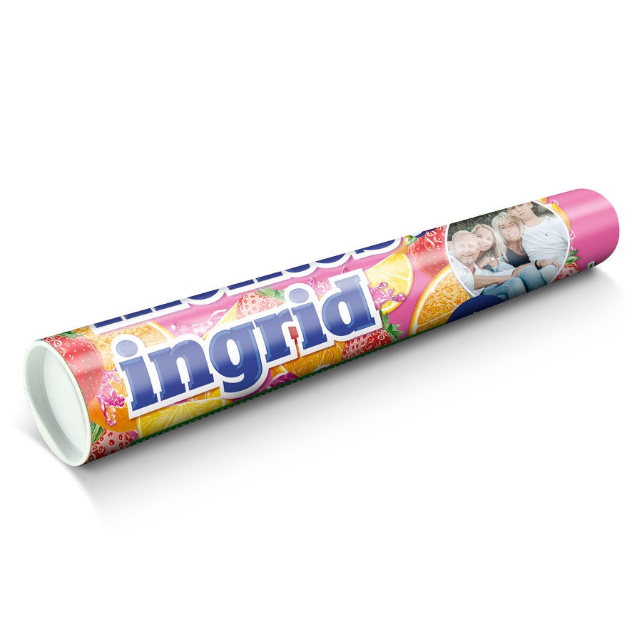 Personalised XXL Mentos Roll Personalized XXL Mentos with Ingrid and a family photo printed on the fruity wrapper.