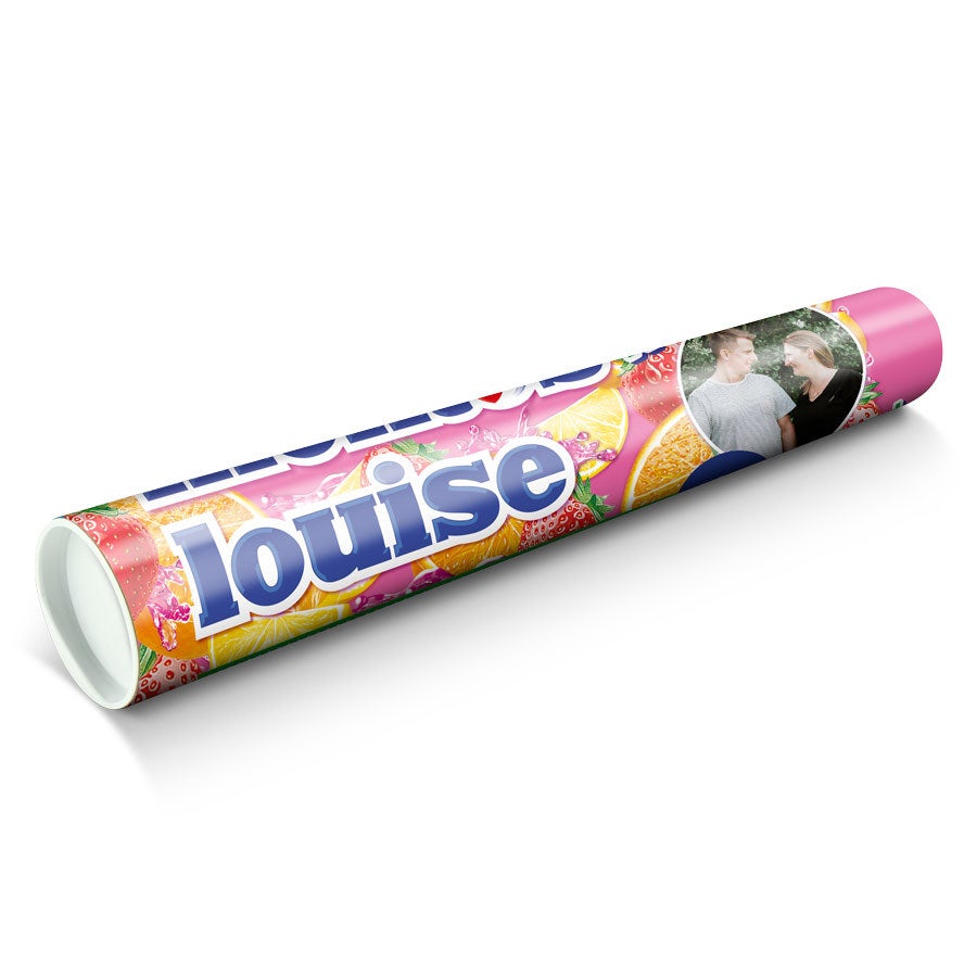 Personalised XXL Mentos Roll Large personalized XXL Mentos roll with a photo and the name Louise, printed with a fruity design.
