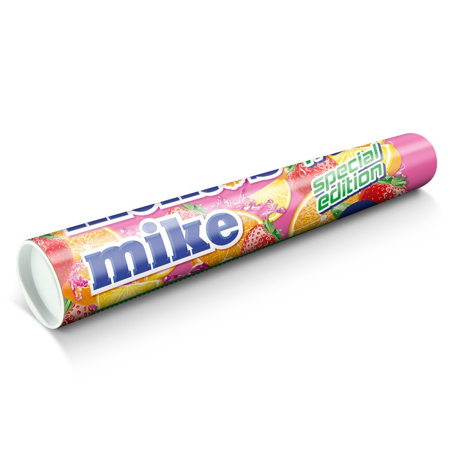 Personalised XXL Mentos Roll Personalized XXL Mentos printed with a special edition fruit design and the name Mike