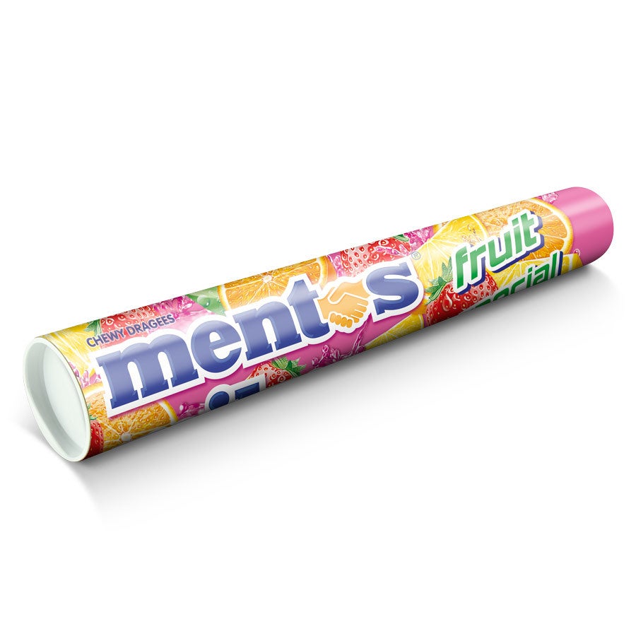 Personalised XXL Mentos Roll XXL Mentos with a colorful fruit design, ready to be personalized with a photo, name, or text.