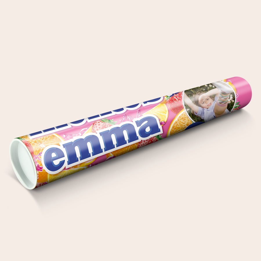 Personalised XXL Mentos with a fruit design printed with the name Emma and a photo of a child