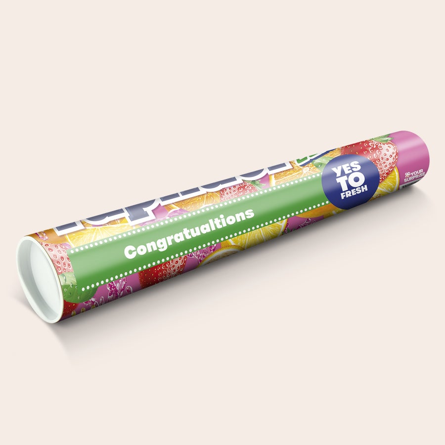 Large personalized XXL Mentos gift with fruity design printed with the text Congratualtions