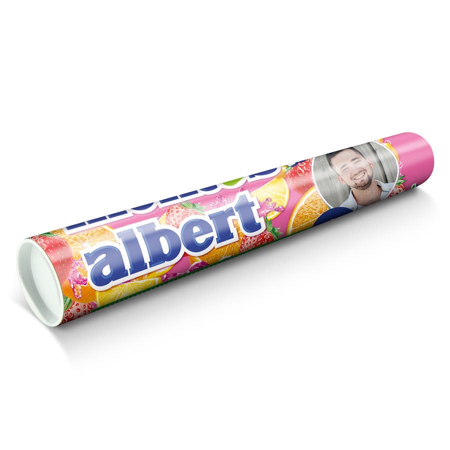 Personalised XXL Mentos Roll Large fruit-flavored personalized XXL Mentos printed with the name "Albert" and a photo