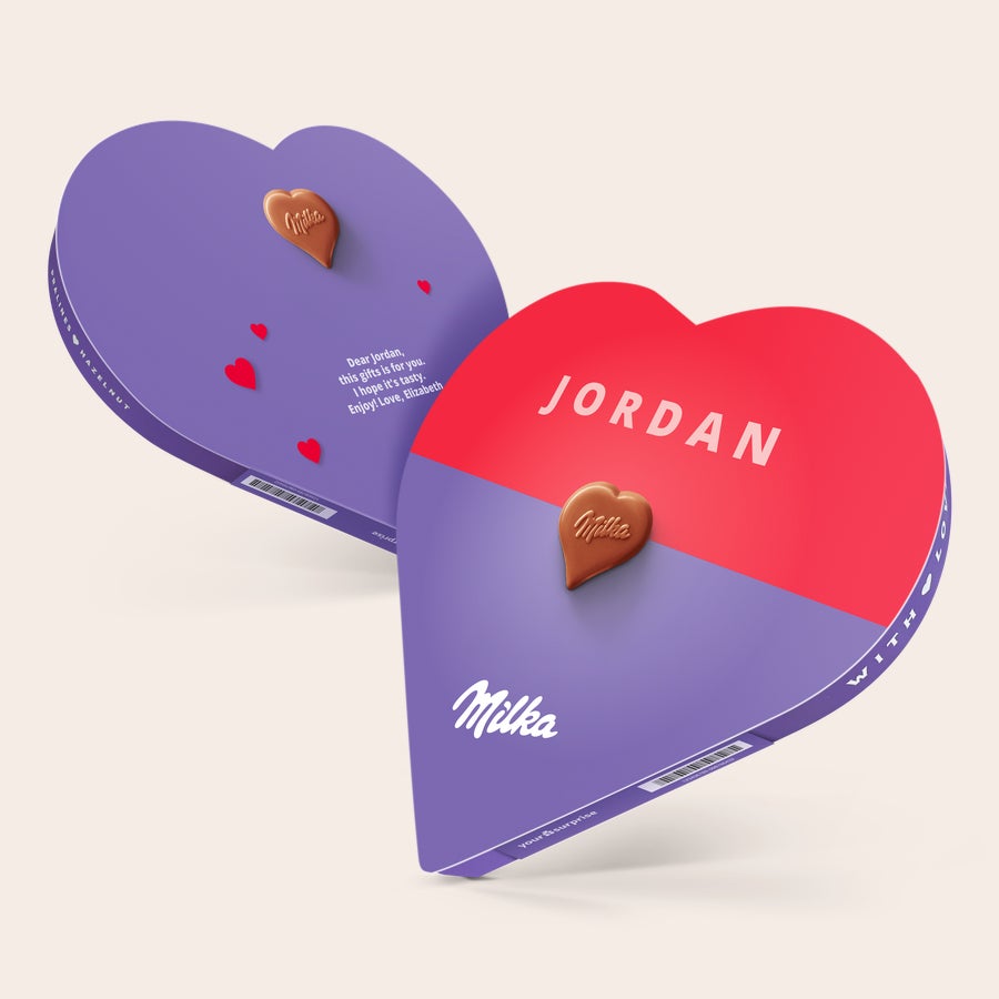 Milka chocolate heart Personalised Milka heart printed with the name Jordan on the red and purple packaging