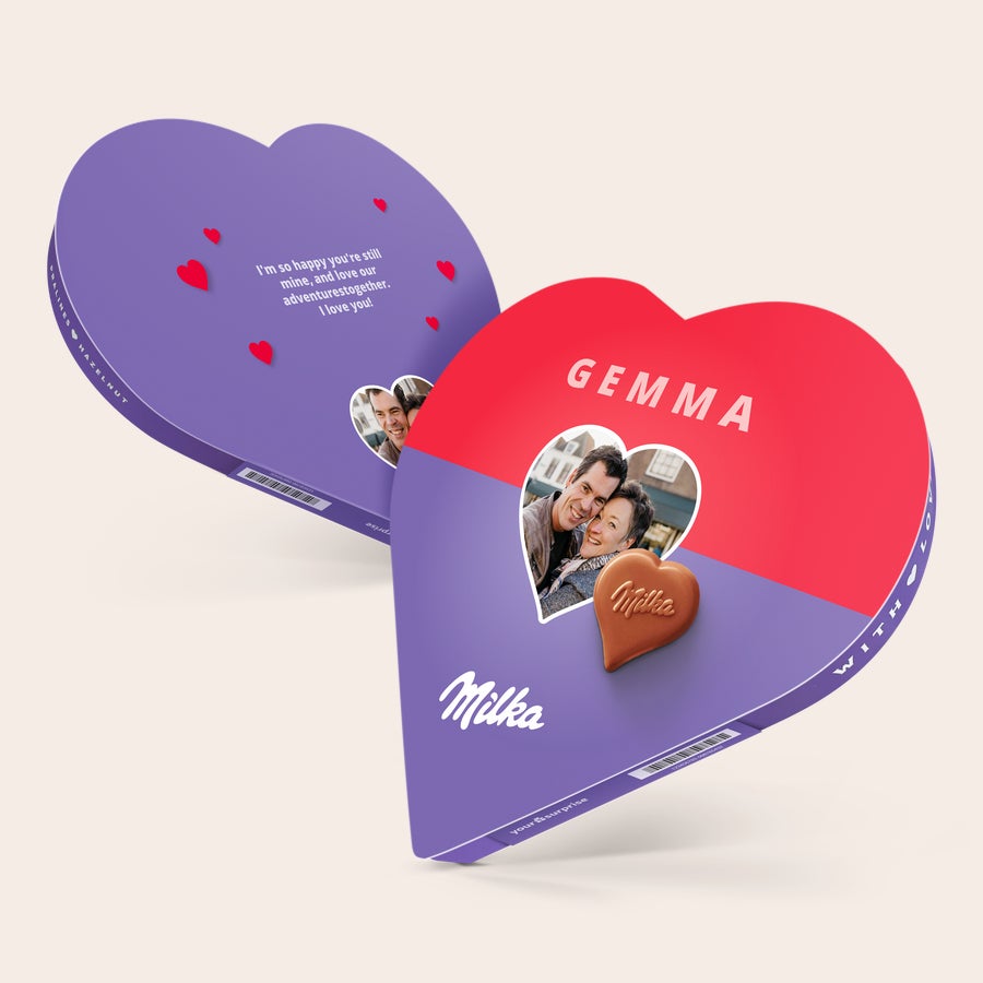 Milka chocolate heart A personalised Milka heart-shaped gift box, printed with a photo, the name Gemma, and a loving message