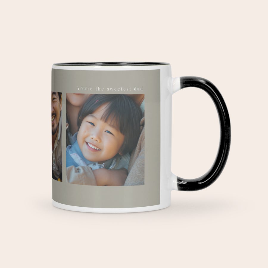 Custom Color Mug White and black coloured mug with a printed photo of a child and text You're the sweetest dad to give as a gift