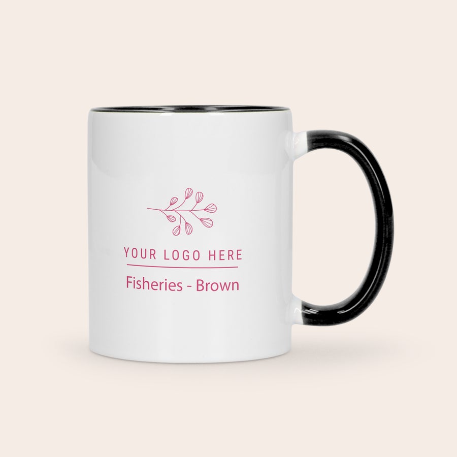 Custom Color Mug White personalised mug with black handle and rim printed with a floral design and custom text Give a coloured mug as a gift