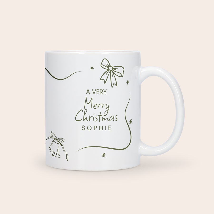 Personalised Mug - White Personalised Mug - White with Merry Christmas Sophie printed design and decorative bows and bells