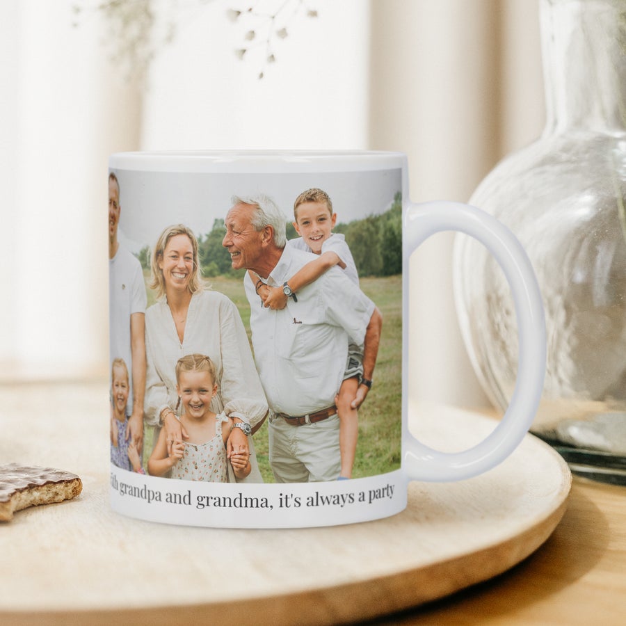 Personalised Mug White printed with a family photo and text that says "with grandpa and grandma, its always a party" customizable with your own photo and message.