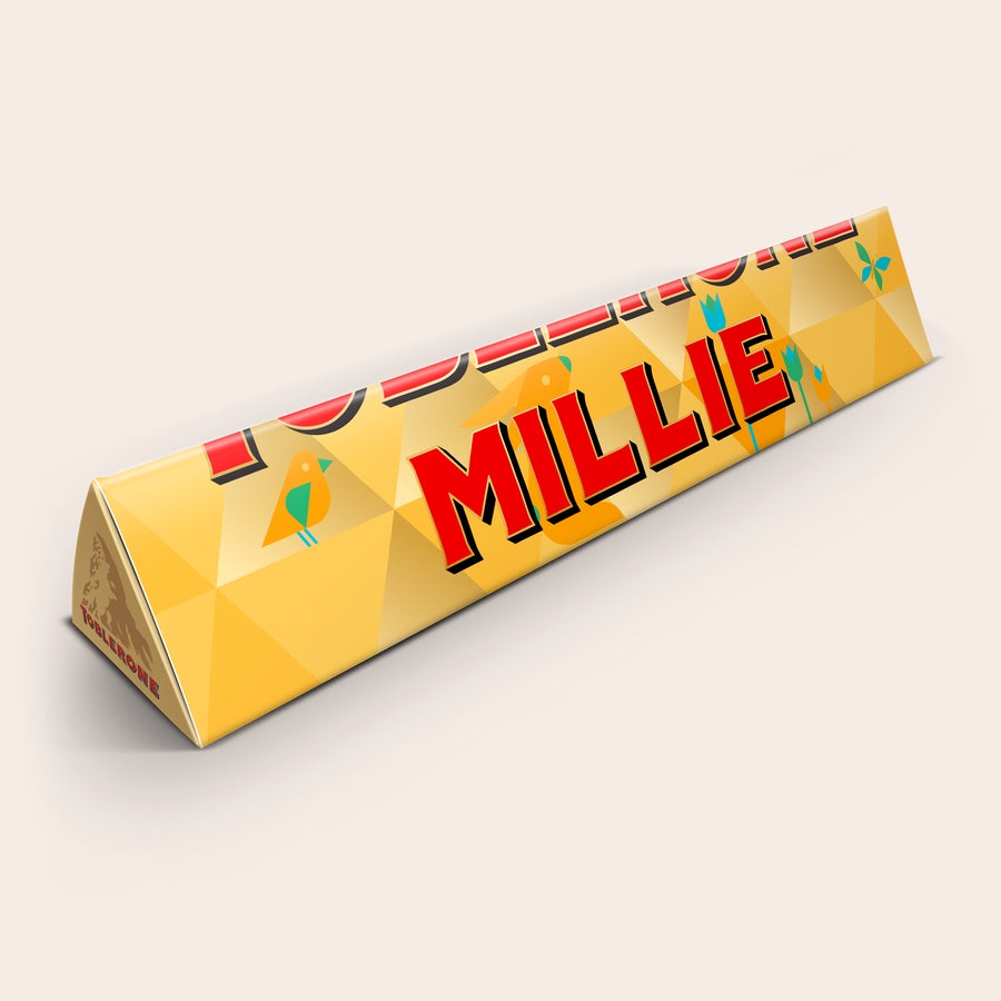 Personalised large Toblerone bar with the name MILLIE printed on the wrapper