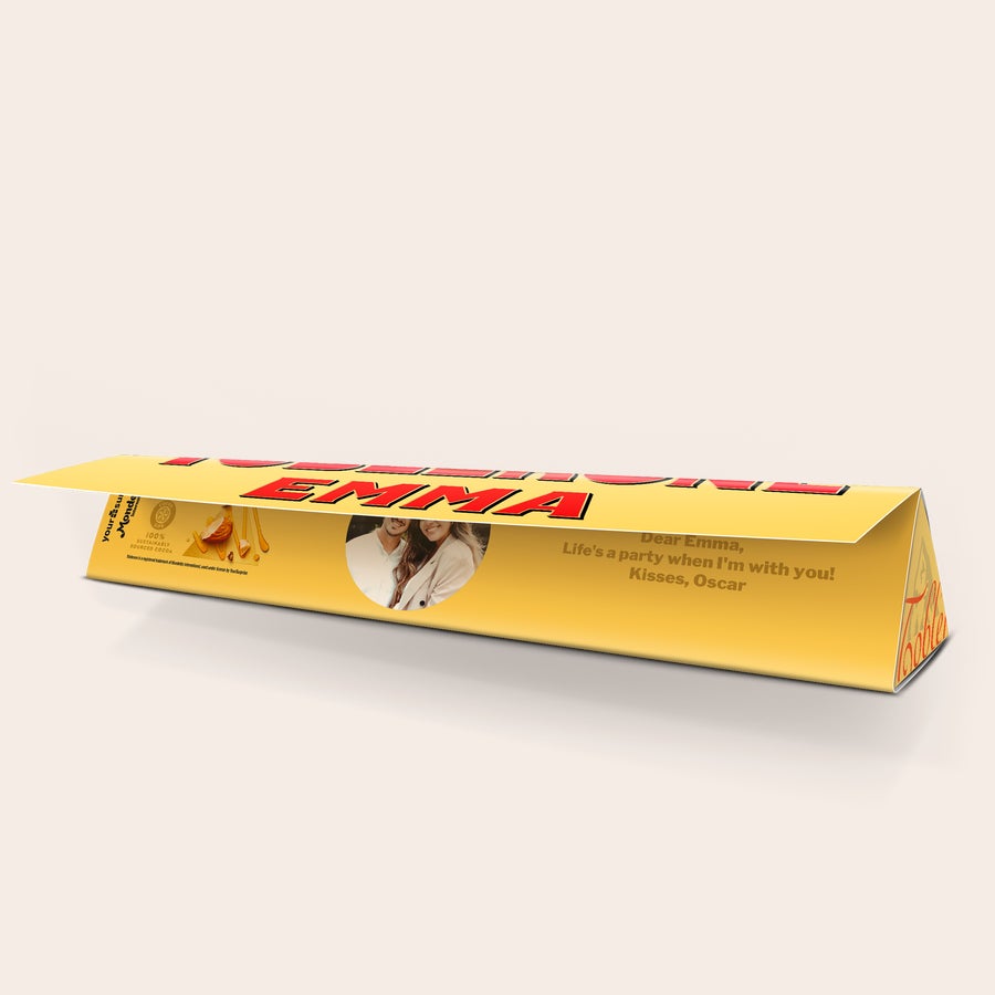 Personalised Toblerone Chocolate Bar Large Toblerone bar with a personalized wrapper, printed with a photo and the name Emma
