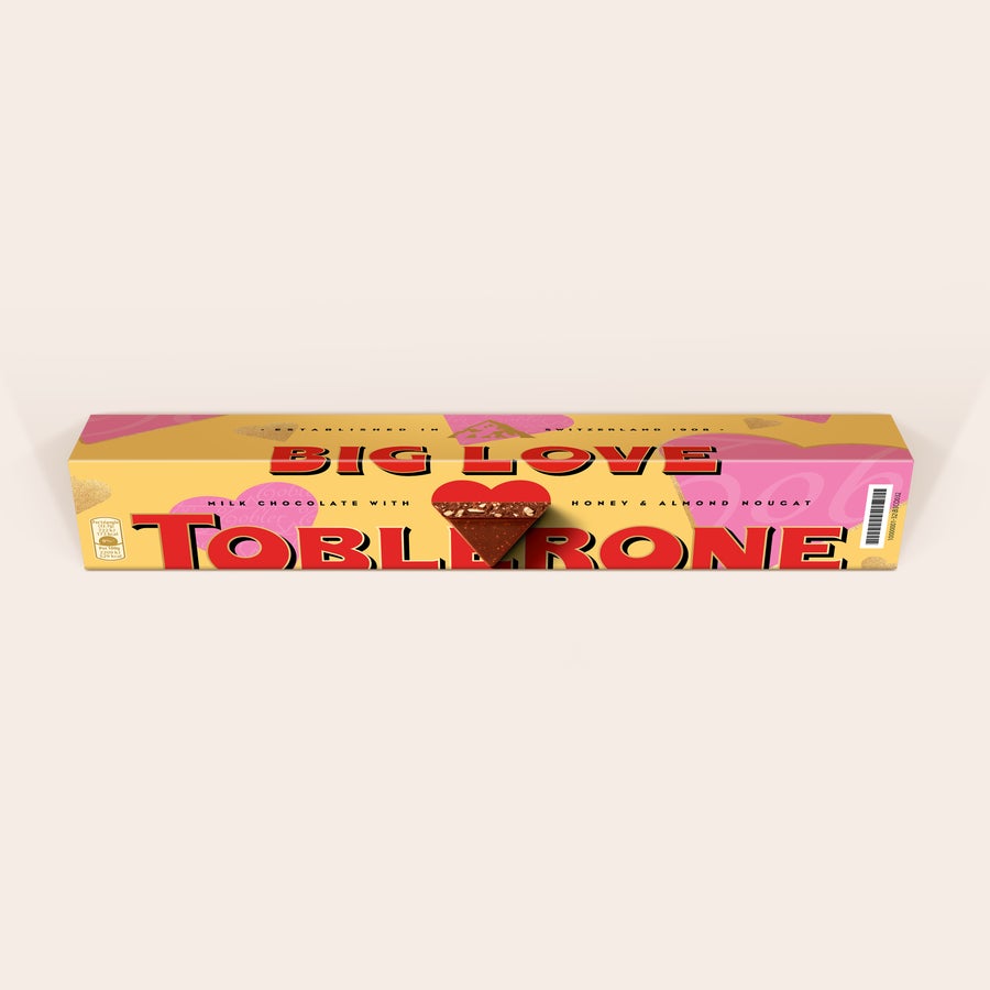 Personalised Toblerone Chocolate Bar - Love Personalized Toblerone bar with Big Love design, a photo of a chocolate triangle, and custom name and photo printed on the wrapper
