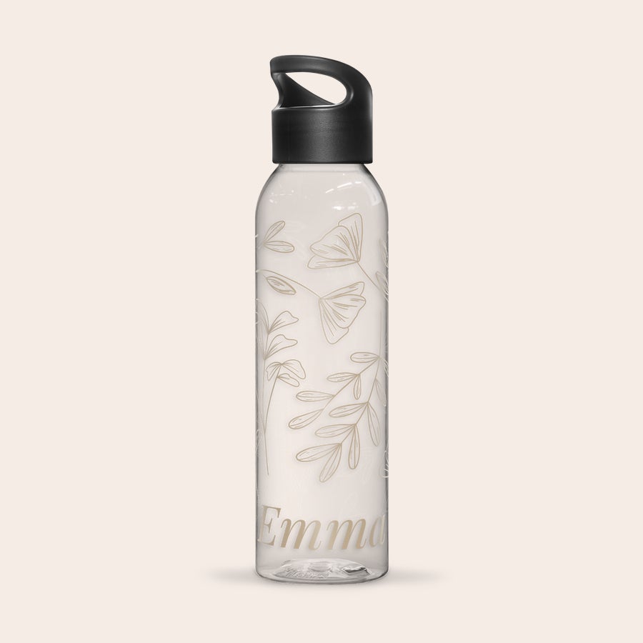 Water bottle - Printed Black personalized water bottle printed with a white and gold floral design and the name Emma in gold text