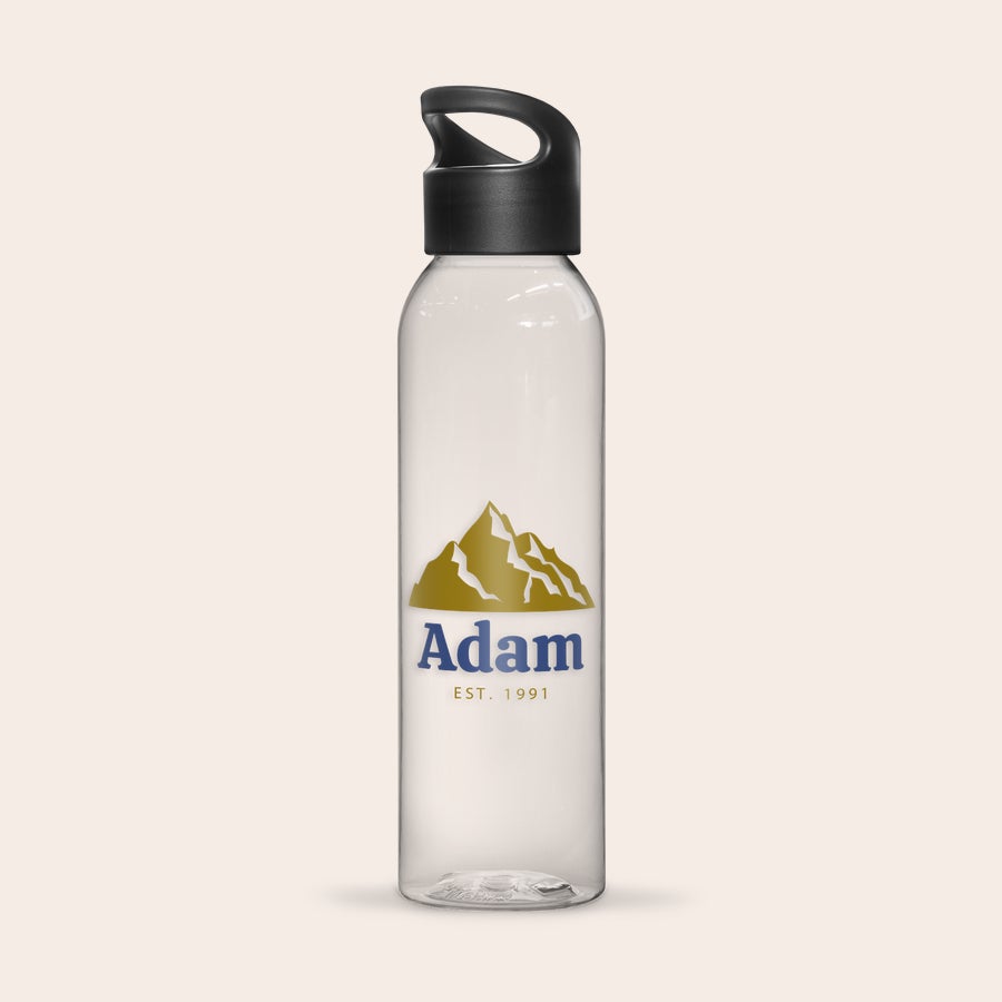 Black personalized water bottle with a mountain design printed on it, featuring the name Adam and est 1991.