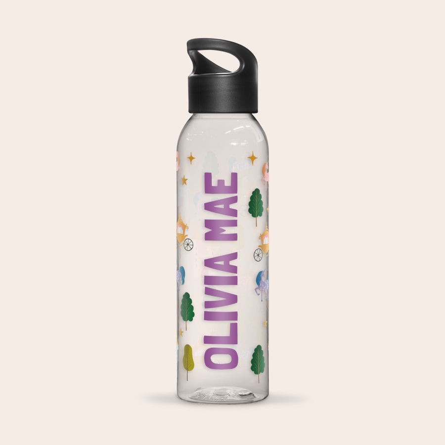 Clear personalized water bottle printed with a unicorn and carriage design and the name Olivia Mae