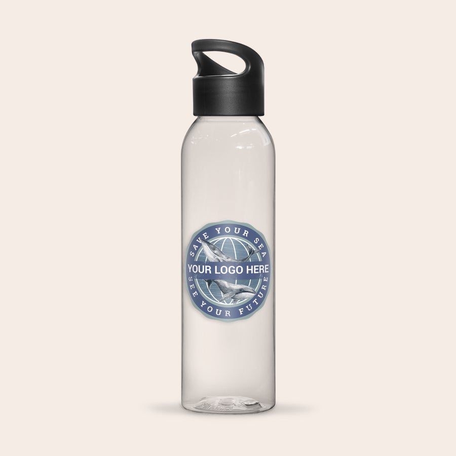 Personalized water bottle printed with a blue and white logo showing two whales and the text YOUR LOGO HERE