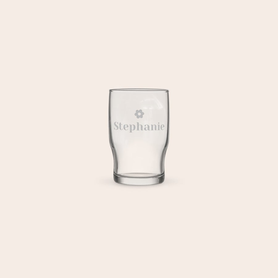 Personalised water glass Personalized water glass engraved with the name Stephanie and a flower icon
