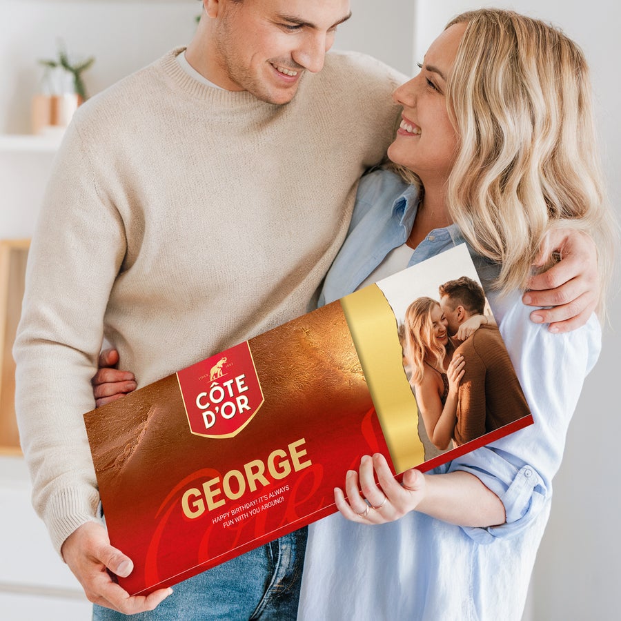 XXL personalised CĂ´te d'Or chocolate bar Personalised XXL Cote dOr Belgian chocolate bar with custom photo and name George printed on the wrapper