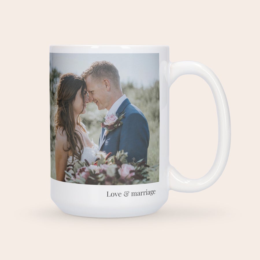 White personalised XXL mug printed with a wedding photo and the text Love & Marriage