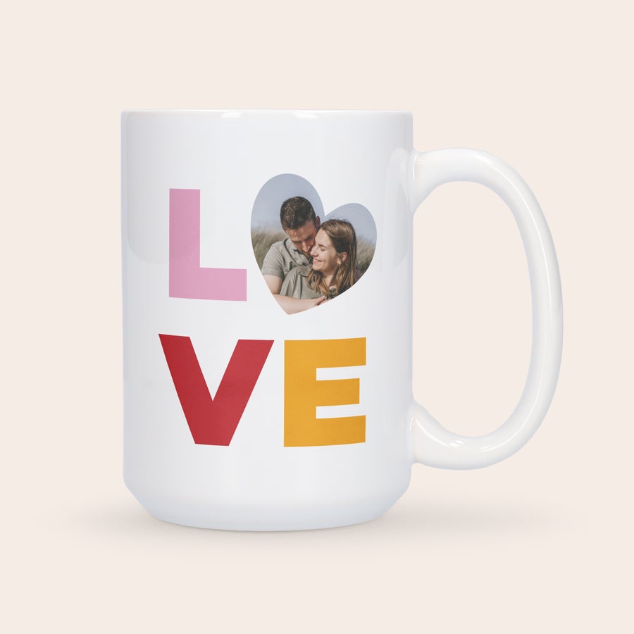 White personalised XXL mug printed with "LOVE" where the O is a heart-shaped photo of a couple.