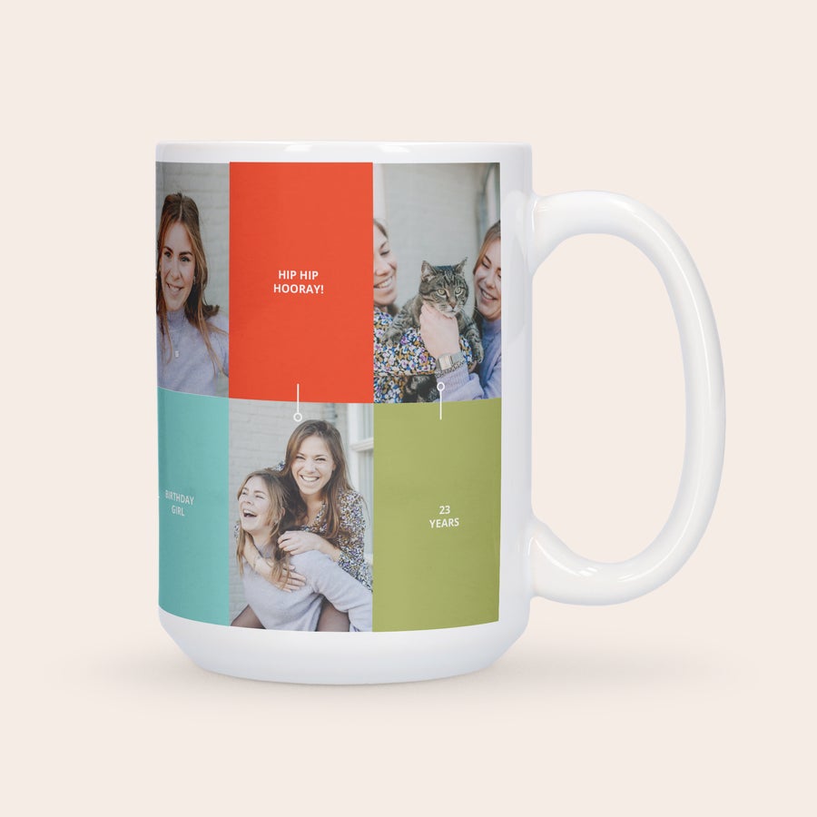 Personalised XXL mug Personalised XXL Mug printed with photos of women and a cat and Hip Hip Hooray! Birthday Girl 23 Years text