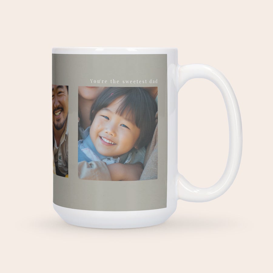 White personalised XXL mug printed with photos of a smiling man and child and the text Youre the sweetest dad