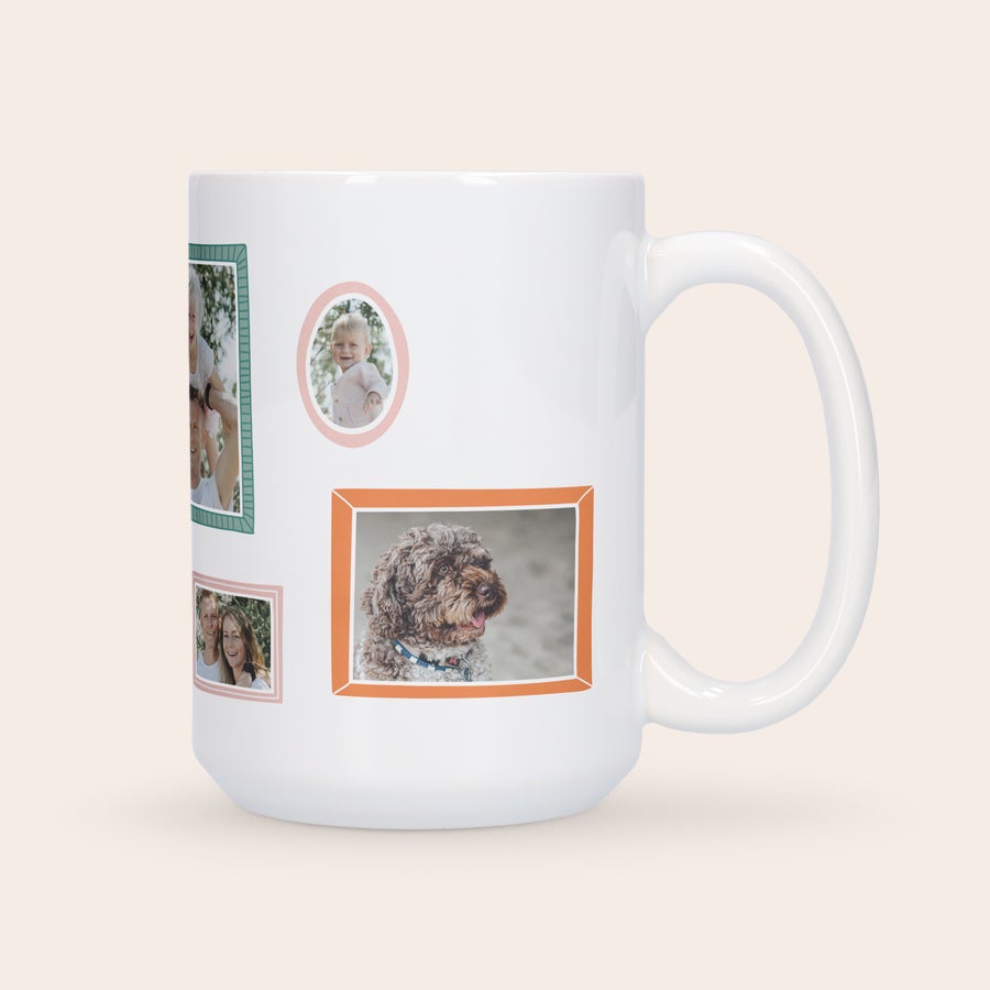 White personalised XXL mug printed with photo collages of a family and a dog