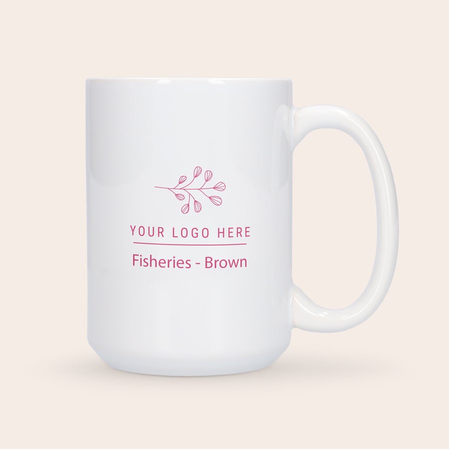 White personalized XXL mug printed with a logo and custom text Fisheries Brown